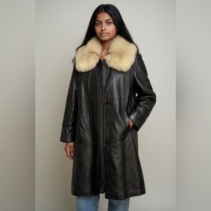 Vintage Car Trench Black Leather Coat Fox Fur Collar Peter Caruso Halloween s 14